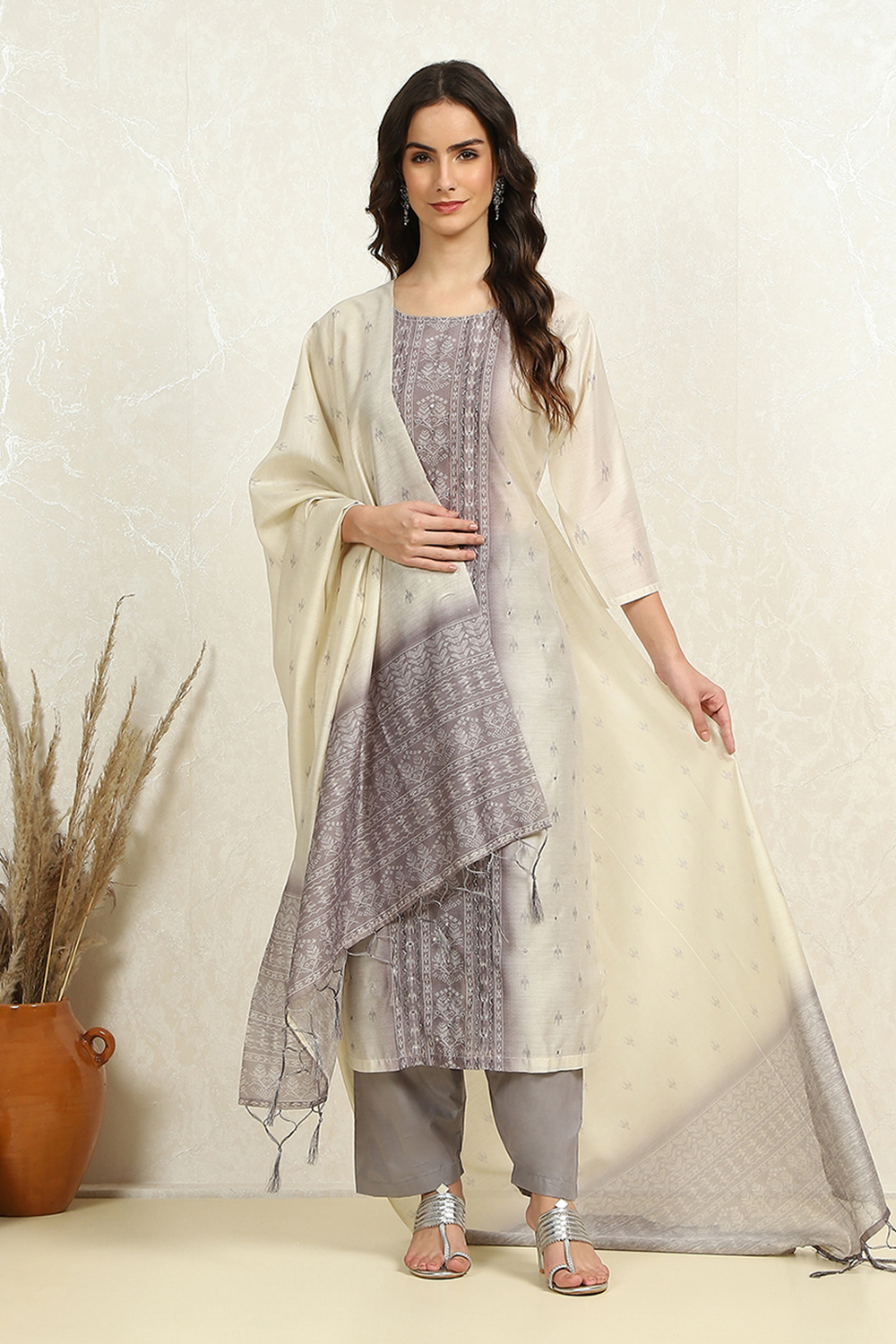 Grey and Off-White Chanderi Woven Unstitched Suit Set image number 1