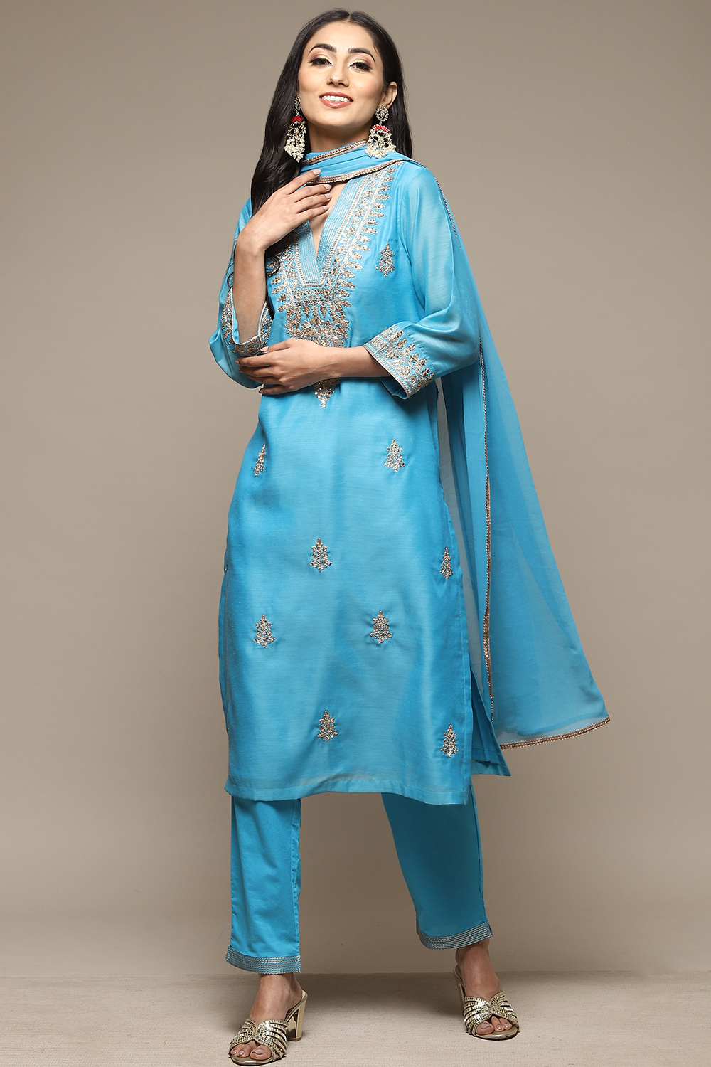 Electric Blue Cotton Blend Straight Kurta Pants Suit Set image number 7