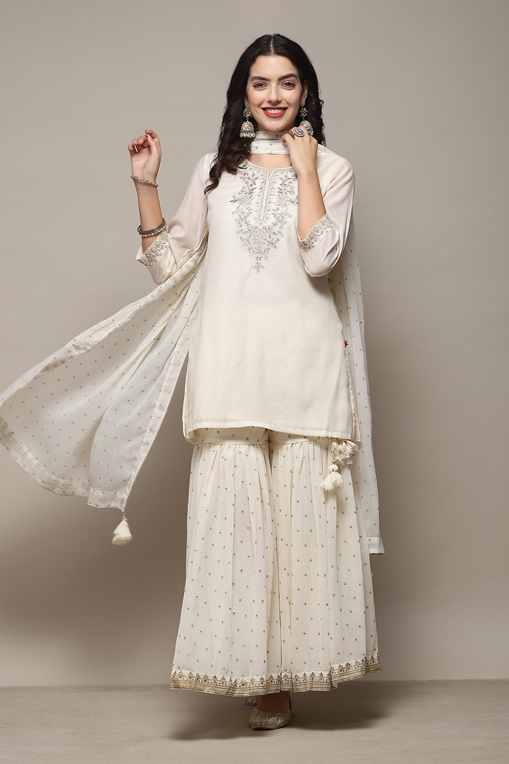 Off White Poly Cotton Straight Kurta Garara Suit Set image number 0