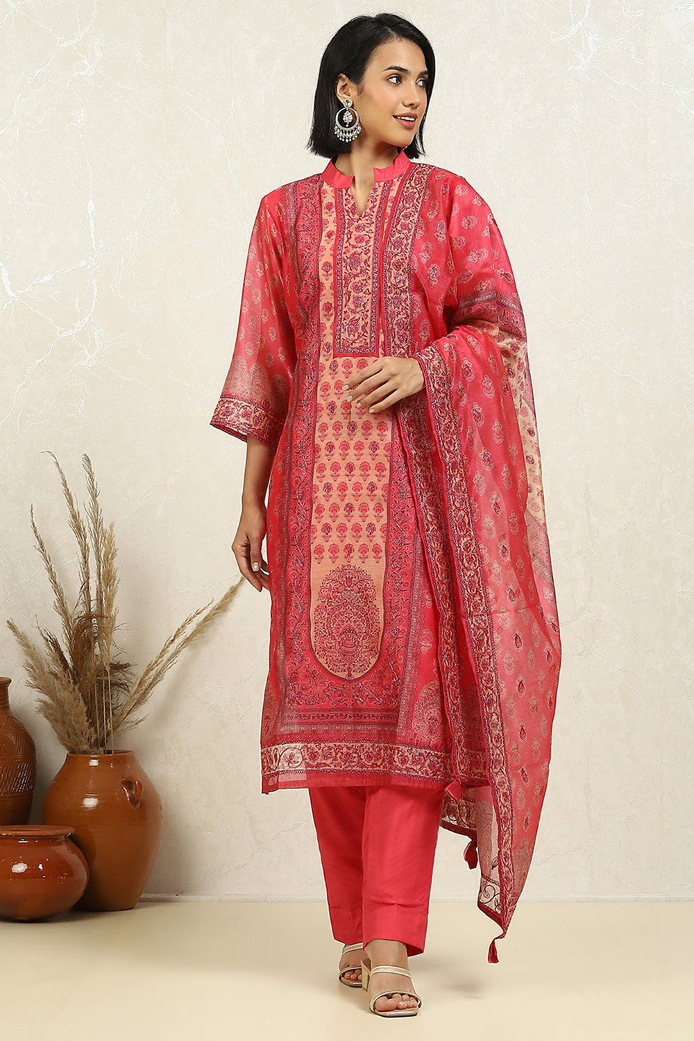 Pink Chanderi Printed Embroidered Unstitched Suit Set image number 1