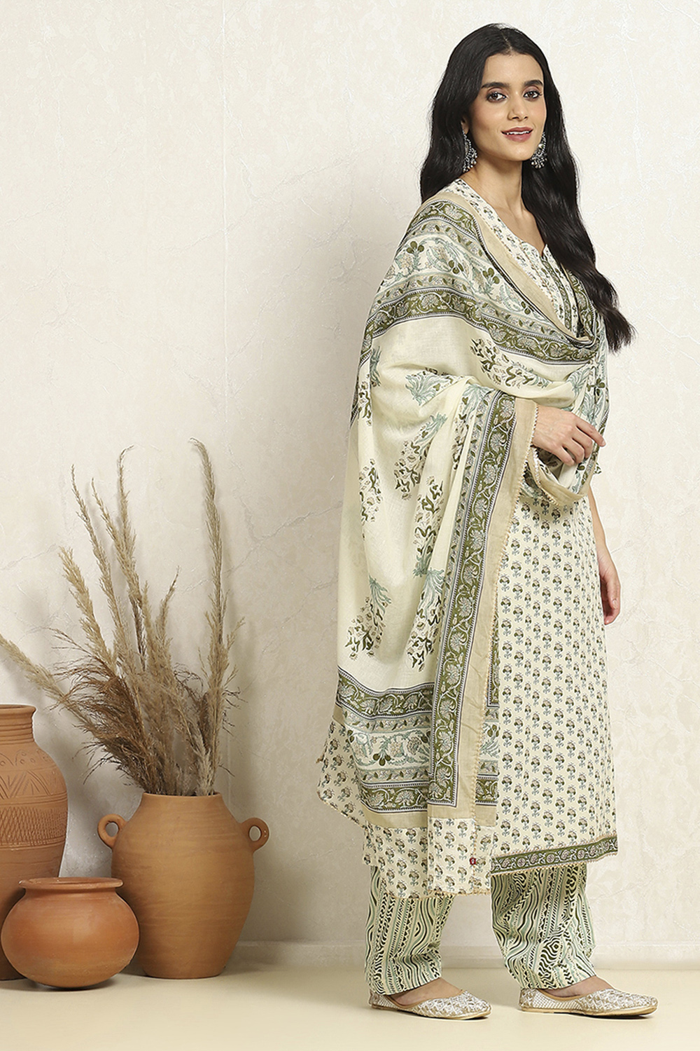 White and Green Cotton Printed Unstitched Suit Set image number 6