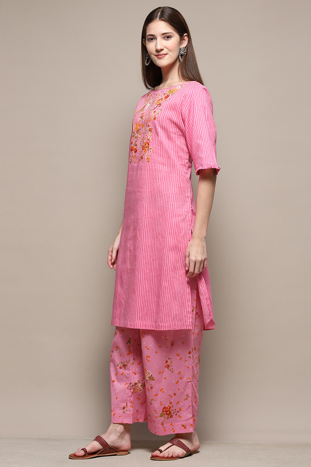 Yellow Cotton Straight Kurta Palazzo Suit Set image number 3