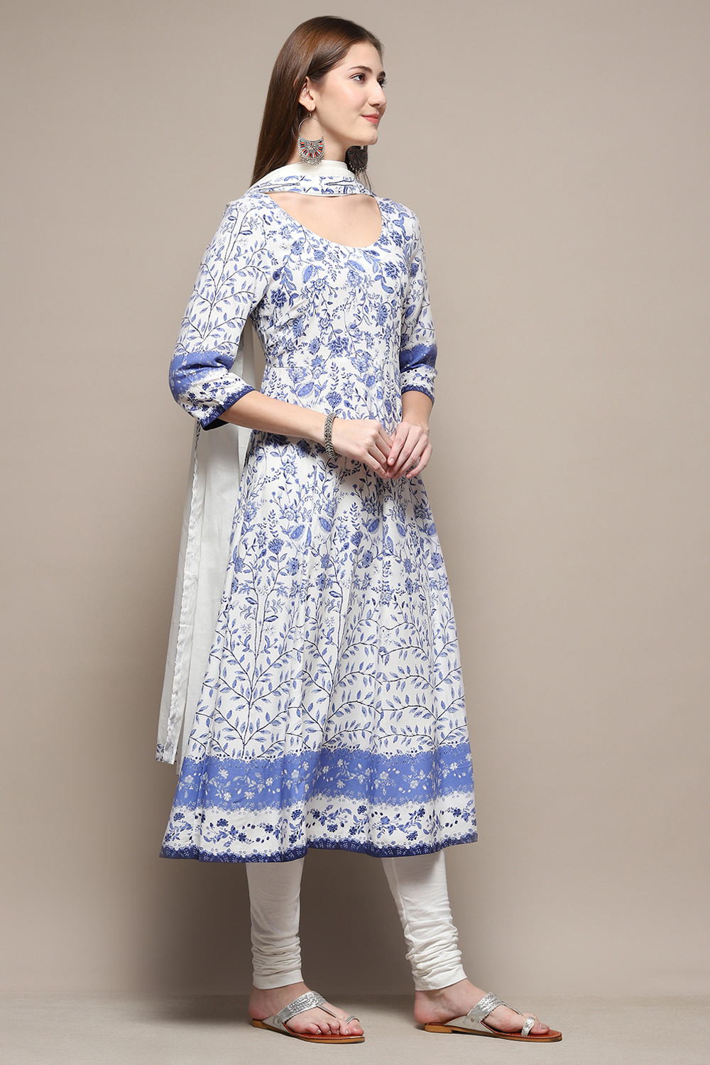 White & Blue Rayon Anarkali Kurta Churidar Suit Set image number 6