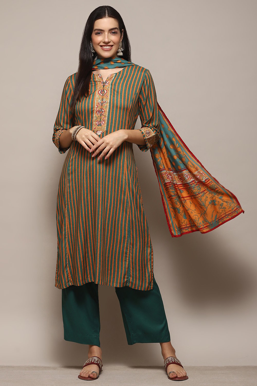 Green LIVA Straight Kurta Palazzo Suit Set image number 6