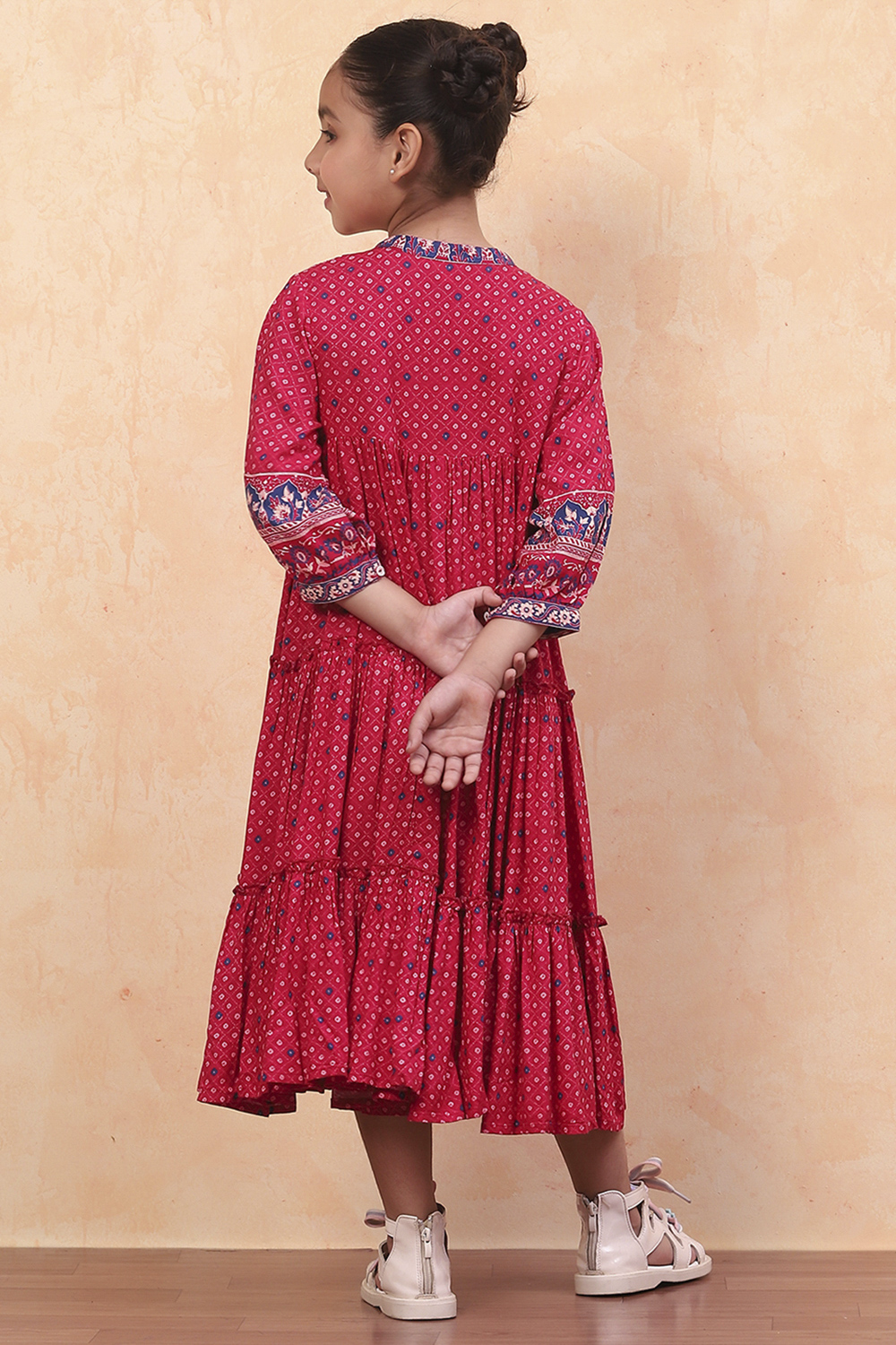 Pink Bandhani Printed Flared Tiered Dress image number 3