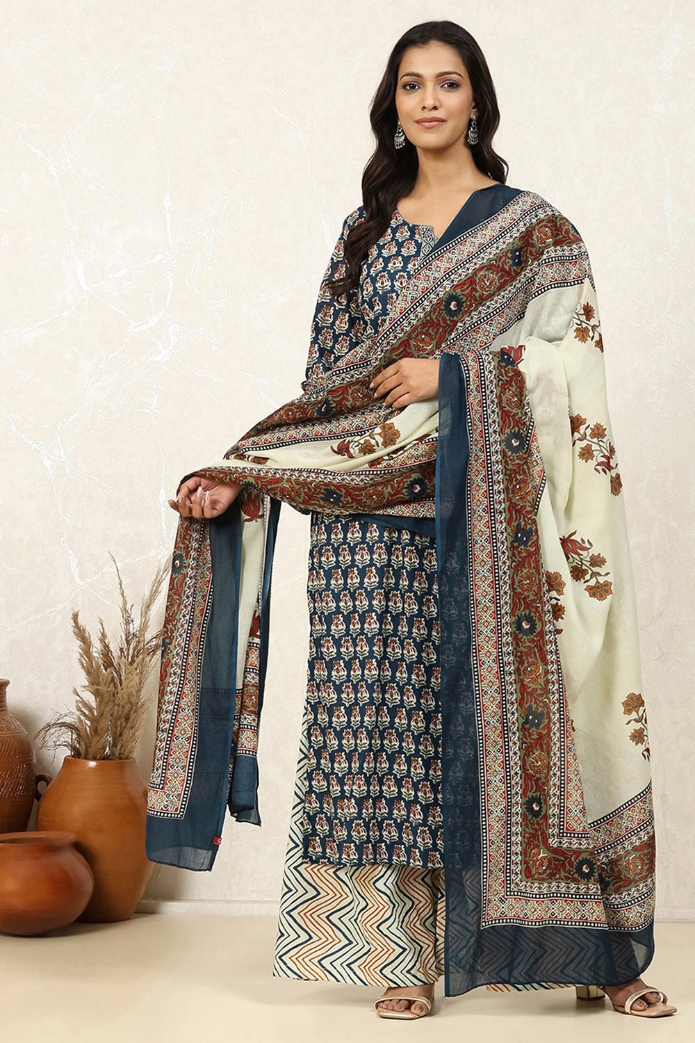 Dark Blue Cotton Printed Unstitched Suit Set image number 1