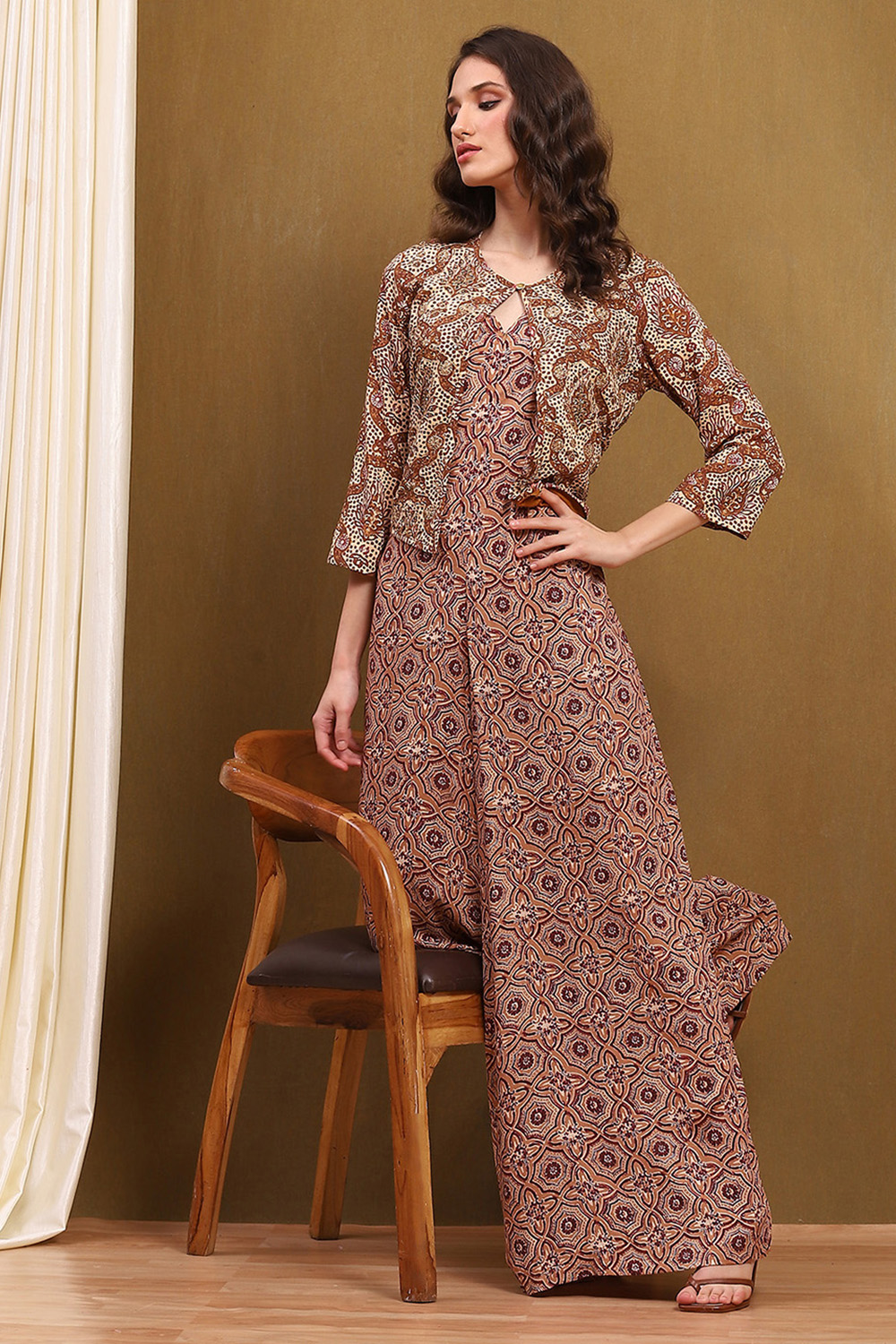 Beige Block-Printed Straight Jumpsuit image number 0