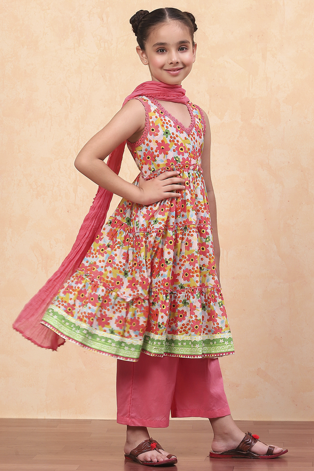 Coral Pure Cotton Floral Printed Tiered Suit Set image number 5