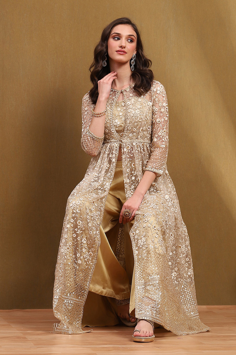 Gold-Toned Net Embroidered Festive Sharara Fusion Set image number 0