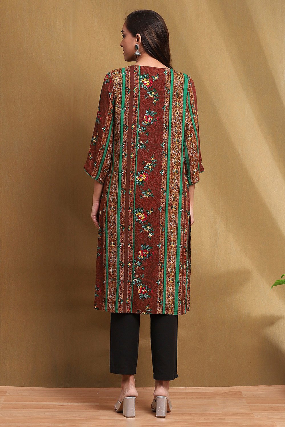 Brown Hand-Block Printed Straight Kurta image number 3