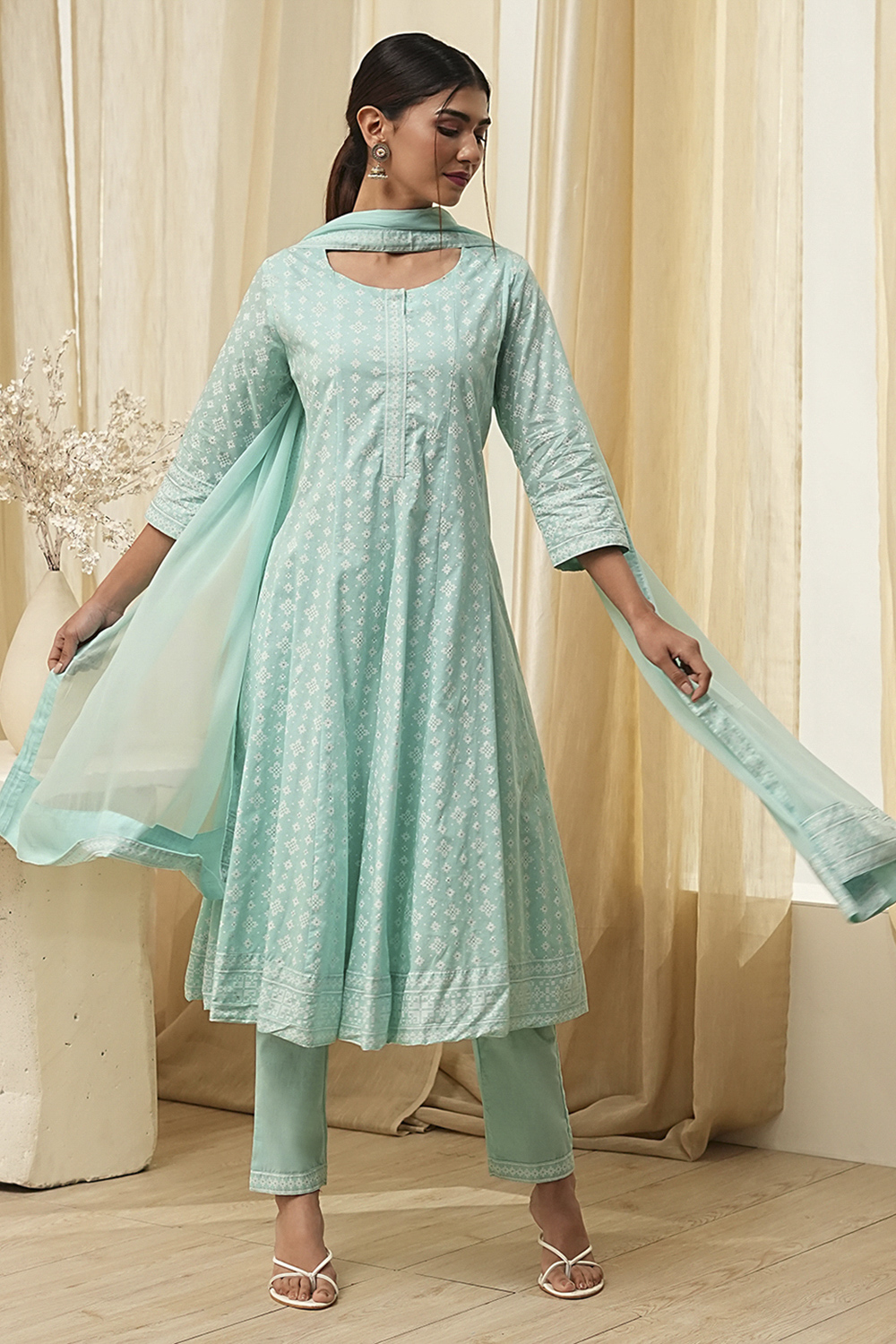 Aqua Pure Cotton Printed Kalidar Suit Set image number 7