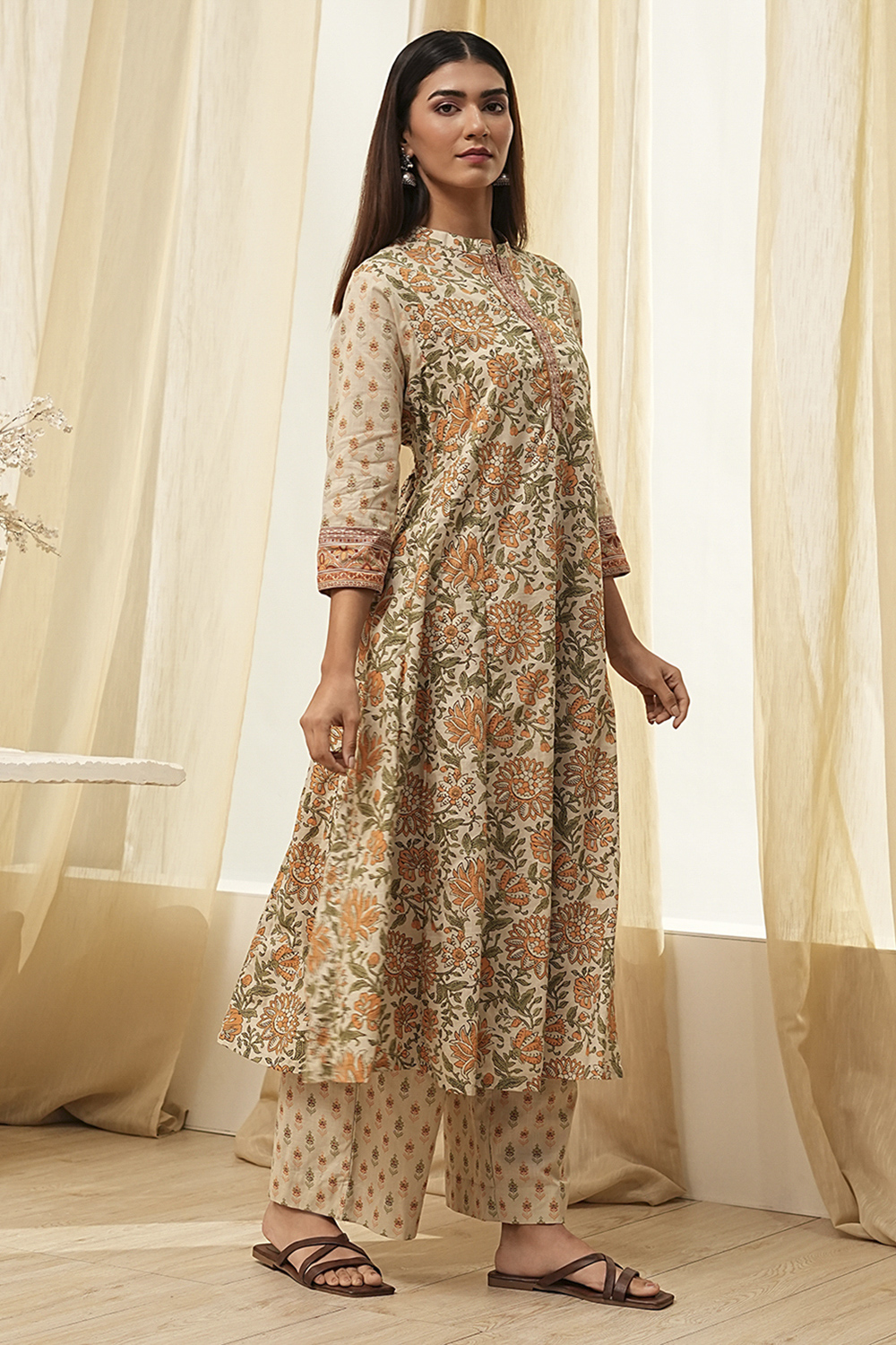 Beige Pure Cotton Floral Kalidar Kurta Set image number 5