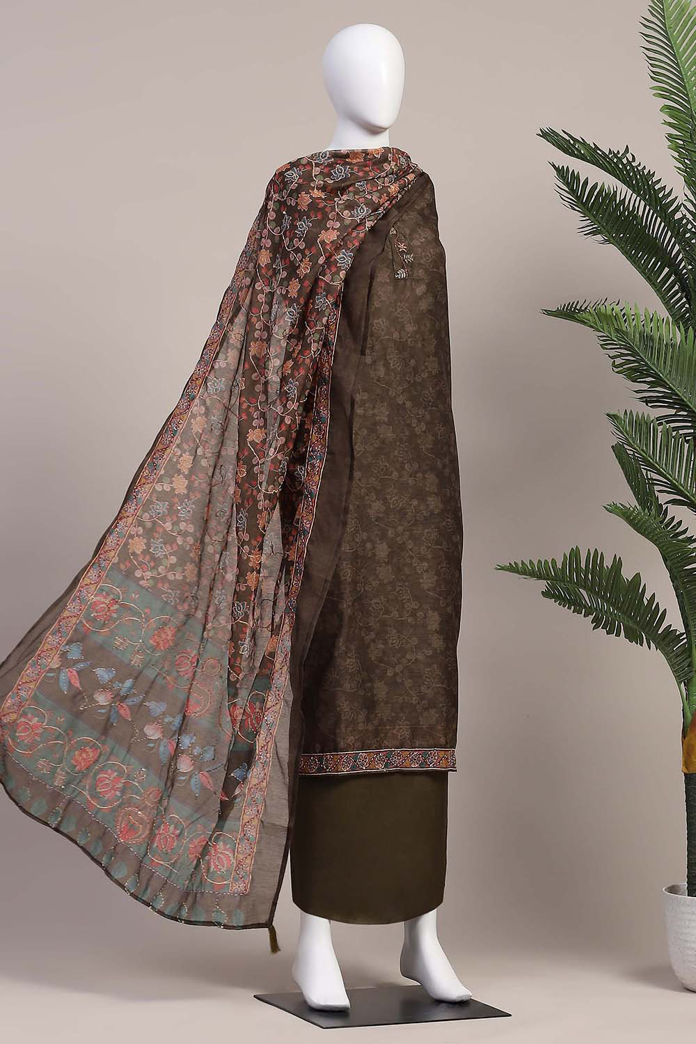 Grey Chanderi Hand Embroidered Unstitched Suit Set image number 4