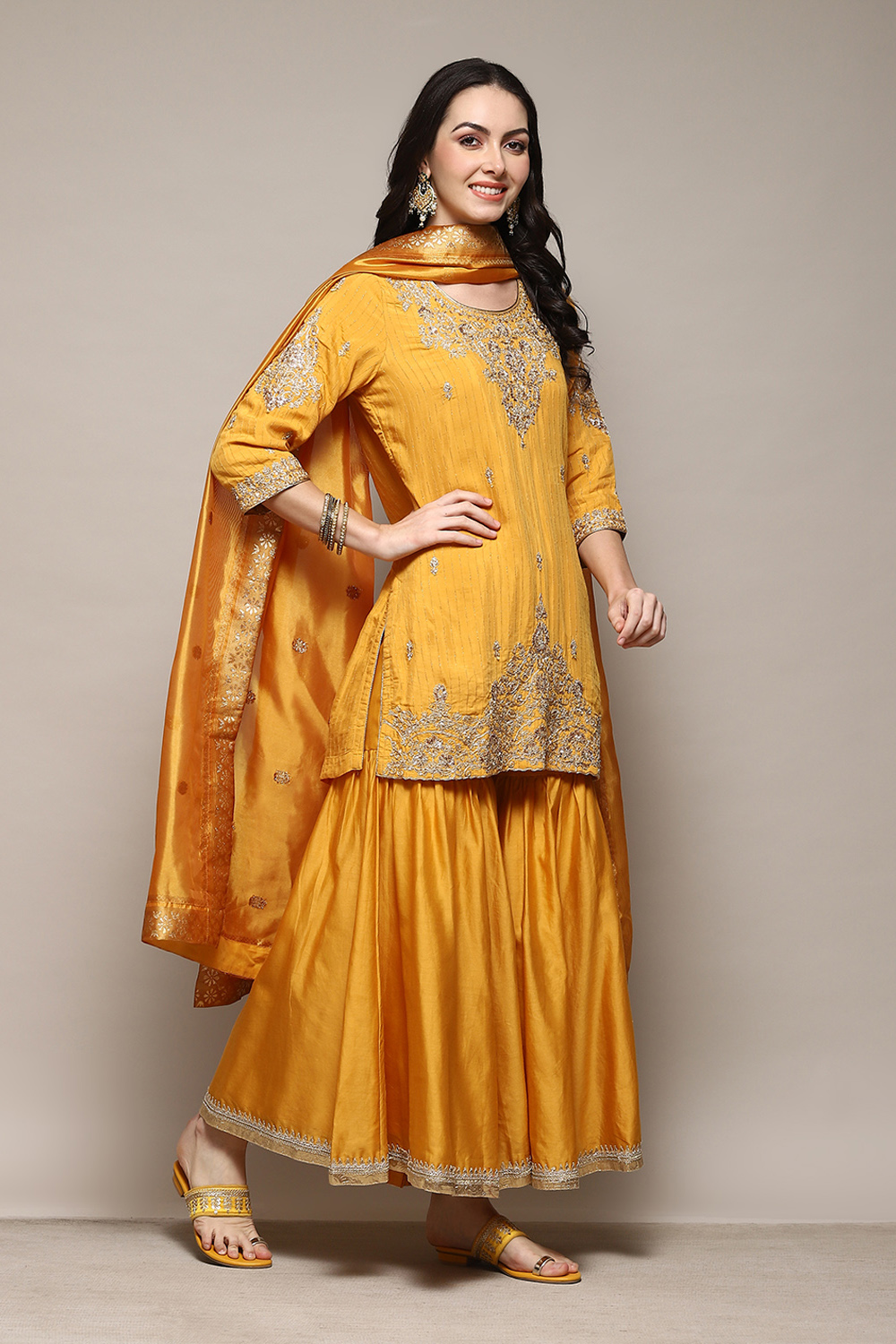 Mustard Viscose Blend Straight Kurta Garara Suit Set At Biba India