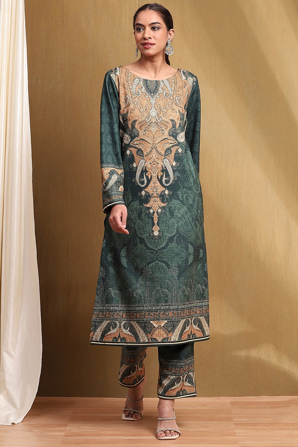 Teal Printed Straight Winter wear Kurta Set image number 6