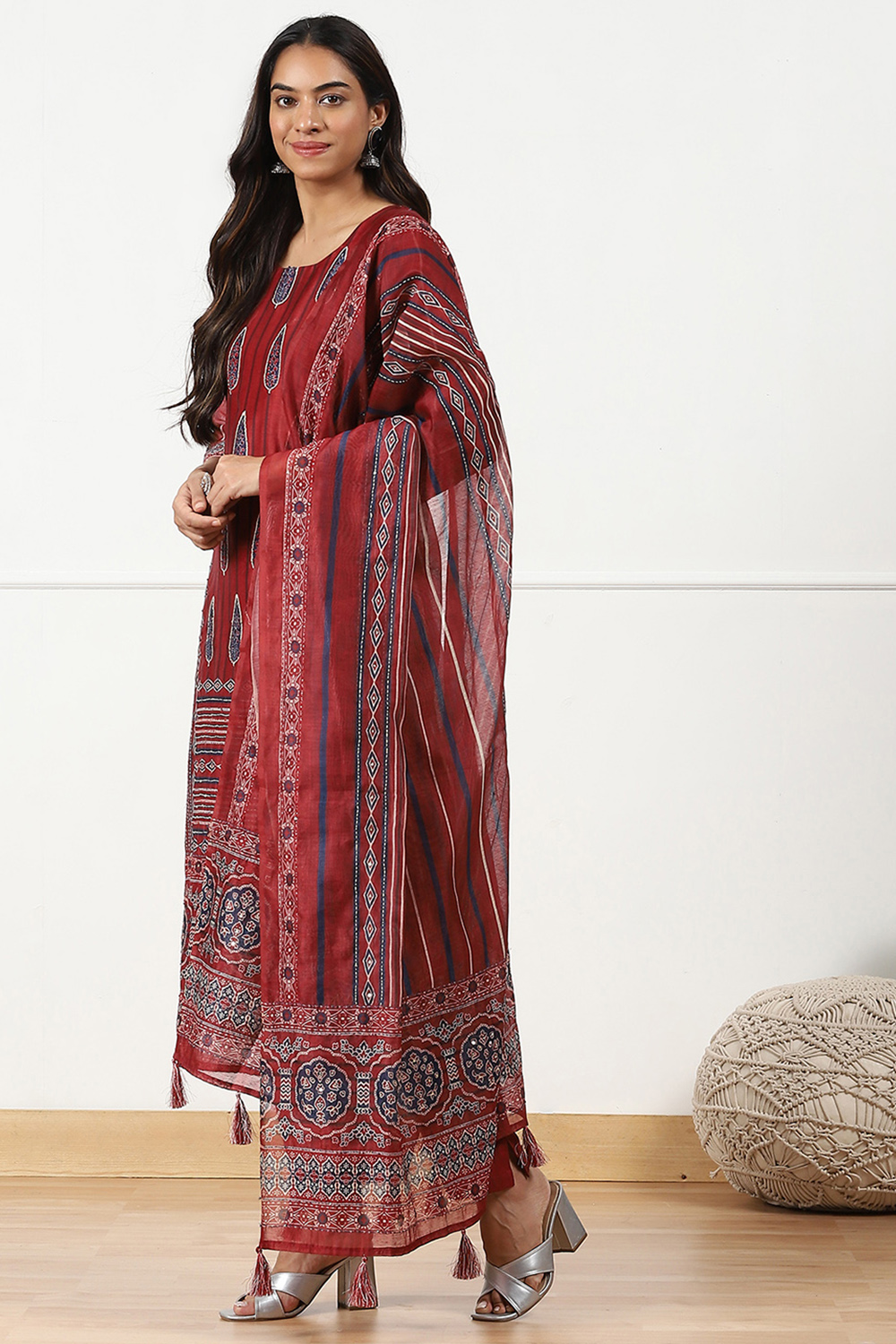 Maroon Chanderi Printed  Embroidered Unstitched Suit Set image number 2