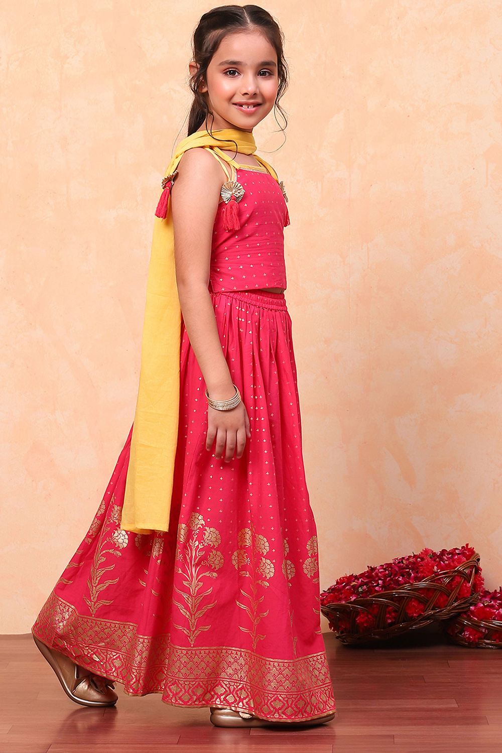 Pink Cotton Floral Printed Flared Festive Lehenga Set image number 5