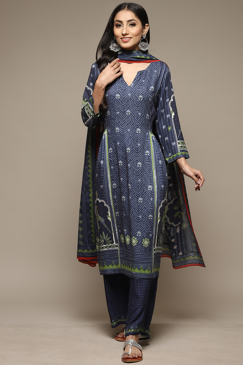 Indigo & Green Rayon Straight Kurta Palazzo Suit Set image number 6