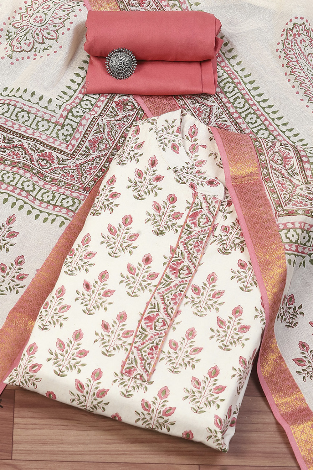 White Pink Cotton Hand Block Print Unstitched Suit Set image number 0