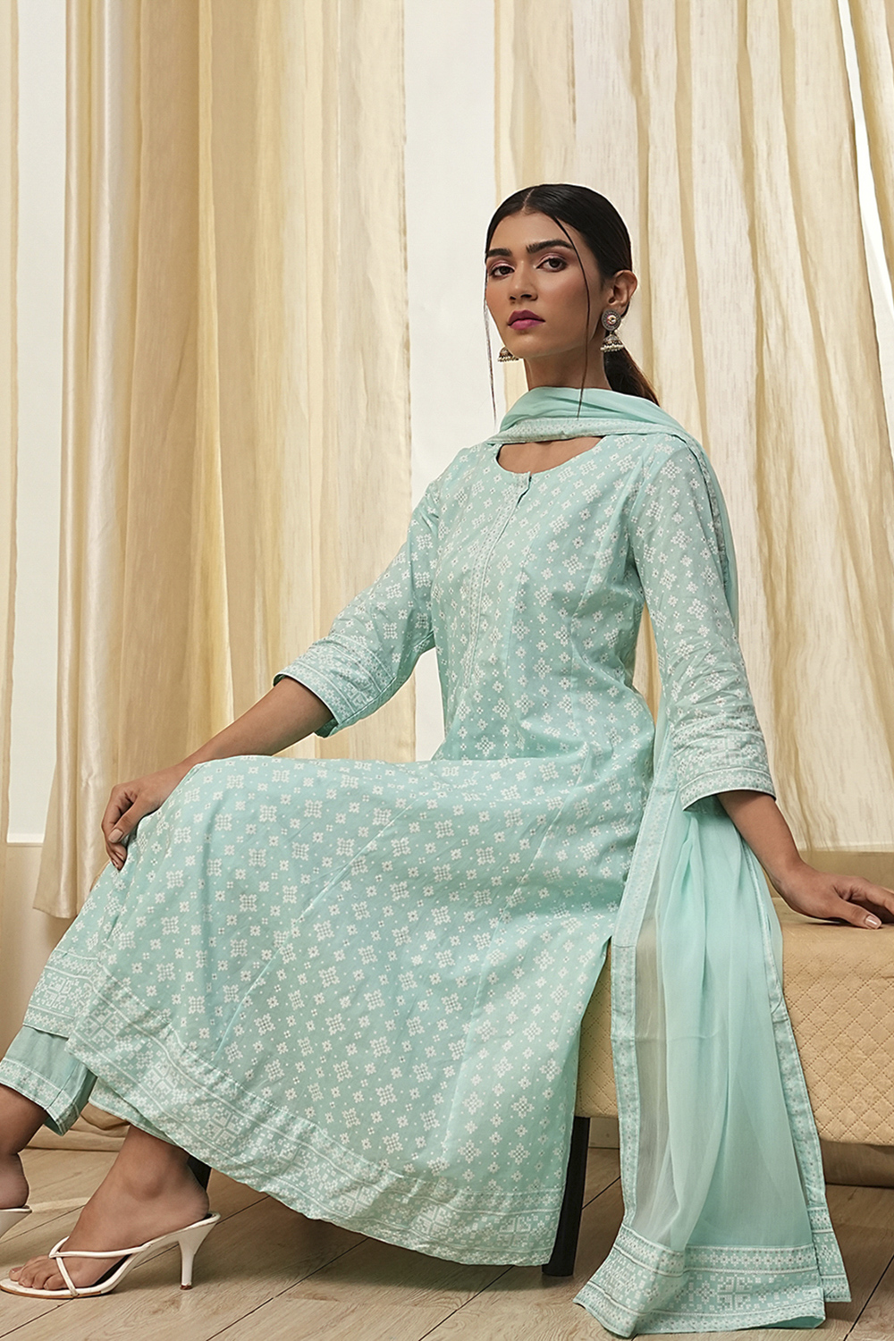 Aqua Pure Cotton Printed Kalidar Suit Set image number 1