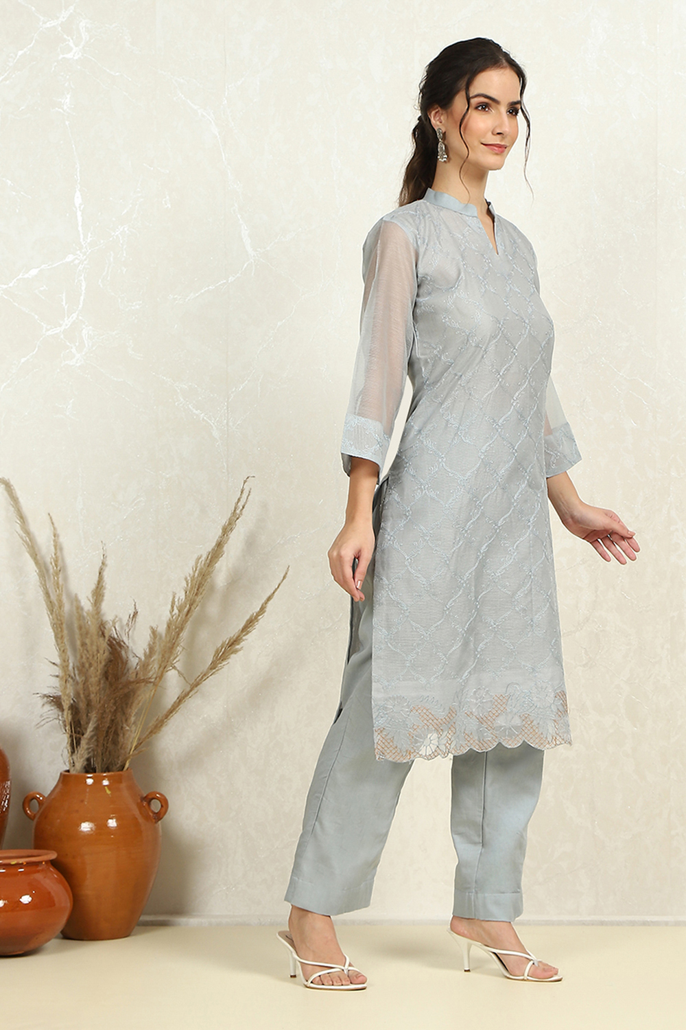 Grey Floral Thread Work Unstitched Suit Set image number 3