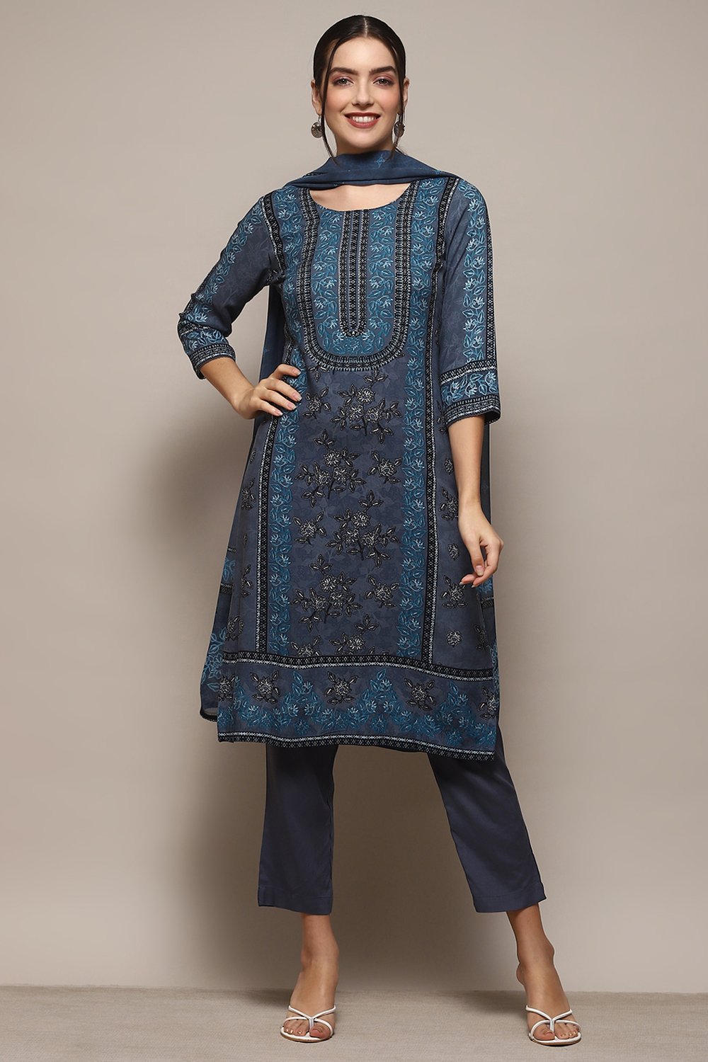 Blue & Rust LIVA Straight Kurta Slim Pant Suit Set image number 7