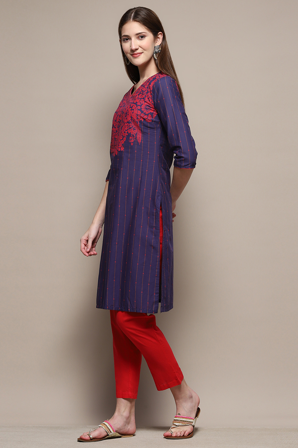 Blue Cotton Straight Printed Kurta image number 2