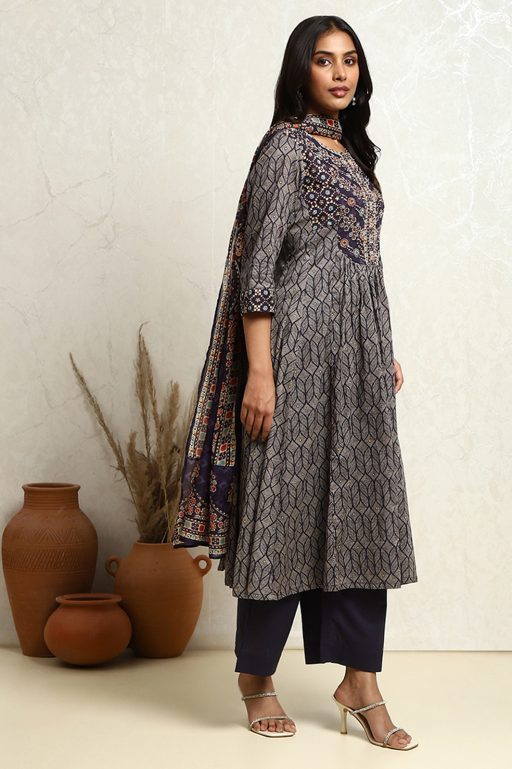 Indigo Cotton Printed Flared Festive Suit Set image number 5