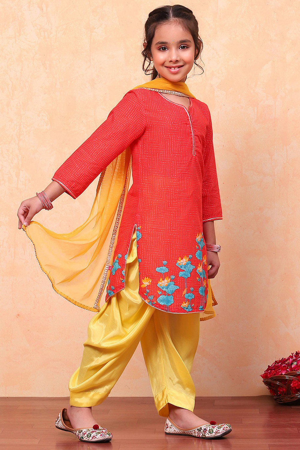 Red and Yellow Cotton Printed Straight Suit Set image number 3