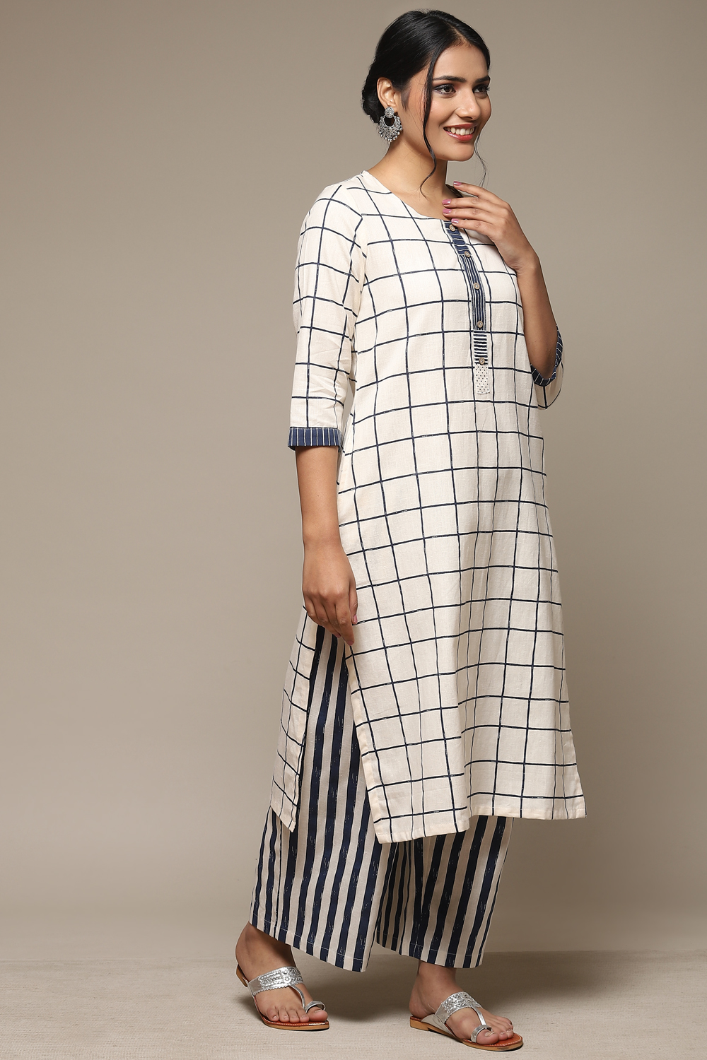 Natural & Blue Cotton Blend Straight Kurta Palazzo Suit Set image number 5