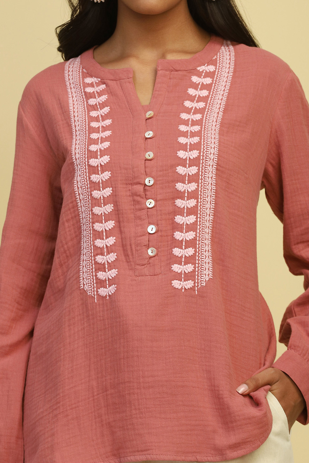 Dusky Pink Cotton Embroidered Straight Top image number 2