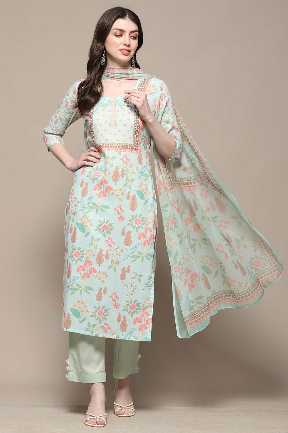 Cream Cotton Blend Digital Print Unstitched Suit Set image number 1