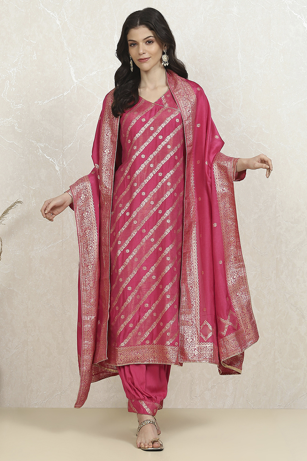 Pink Art Silk Woven Unstitched Suit Set image number 1