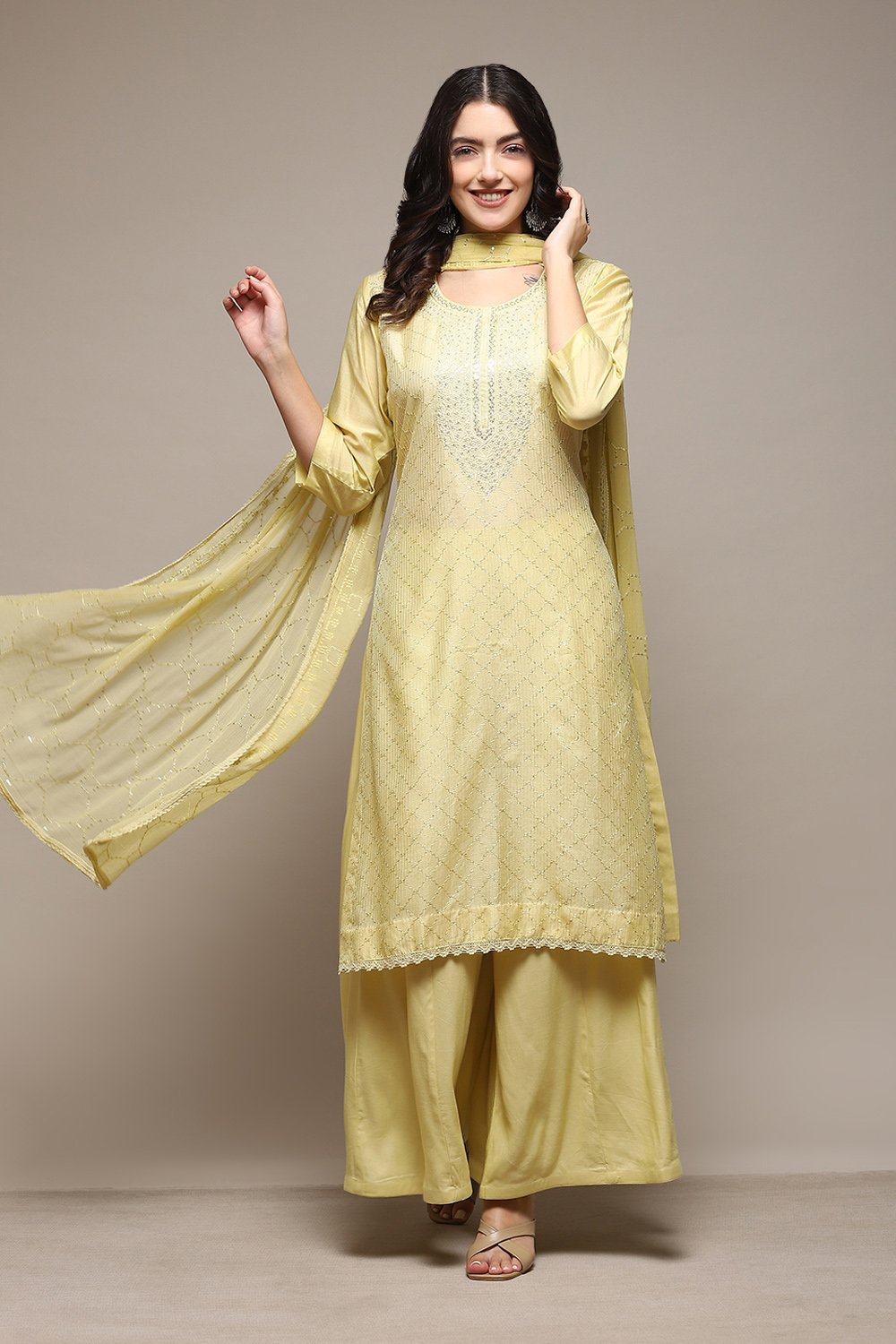 Yellow Chanderi Unstitched Suit Set image number 1