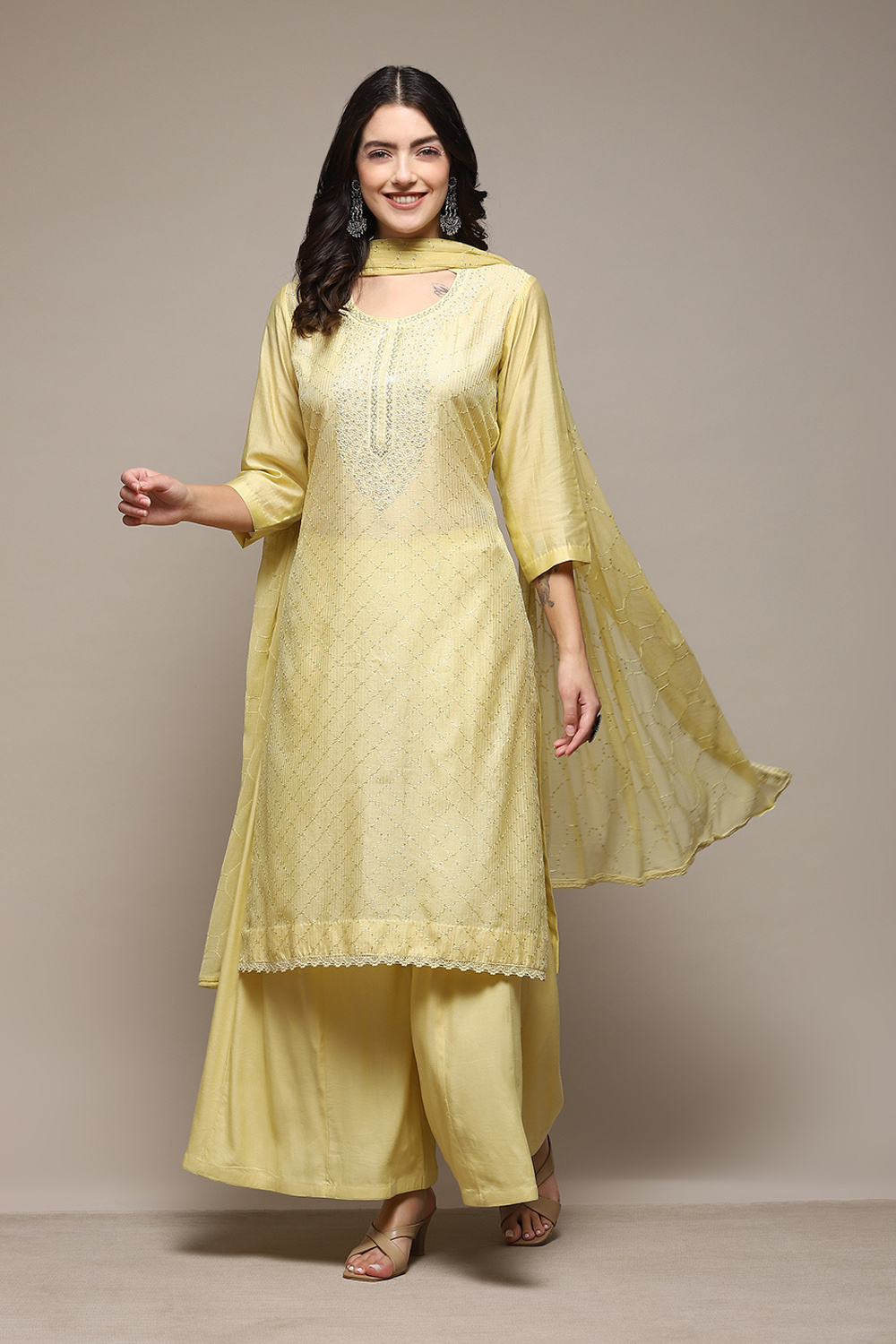 Yellow Chanderi Unstitched Suit Set image number 8