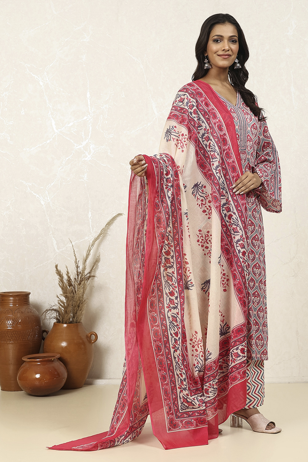 Pink Cotton Printed Unstitched Suit Set image number 6