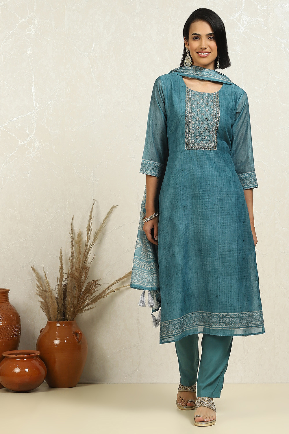 Blue Chanderi Hand Embroidered Unstitched Suit Set image number 1