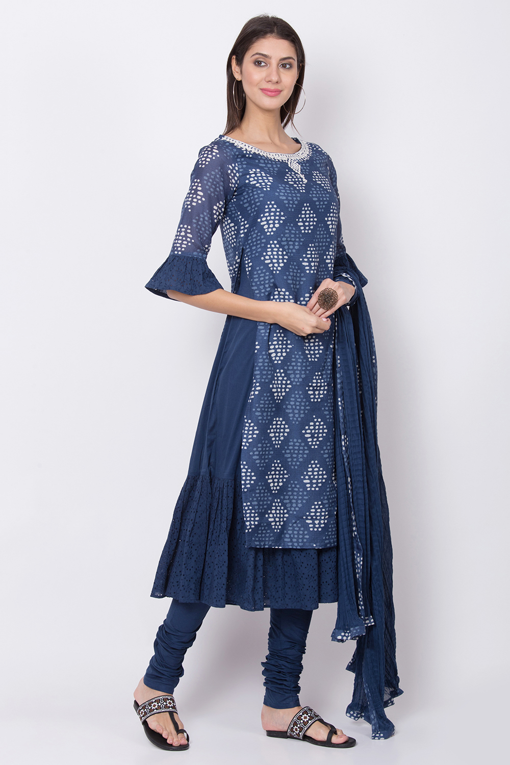 Blue Art Silk A-Line Kurta Churidar Suit Set image number 3