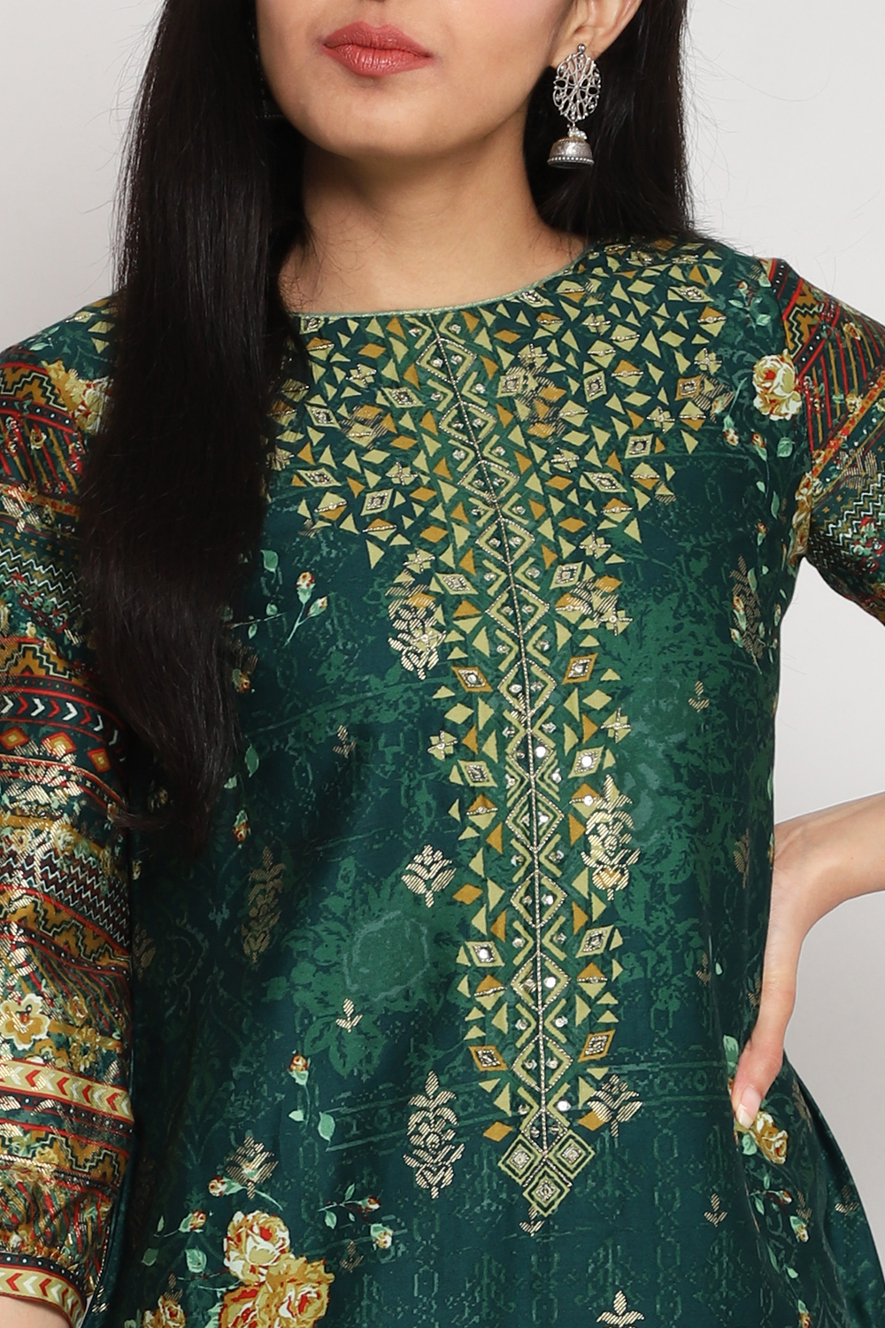 Green Cotton Straight Printed Kurta image number 1