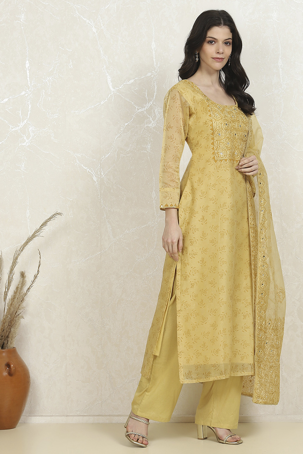 Mustard Net Hand Embroidered Unstitched Suit Set image number 6