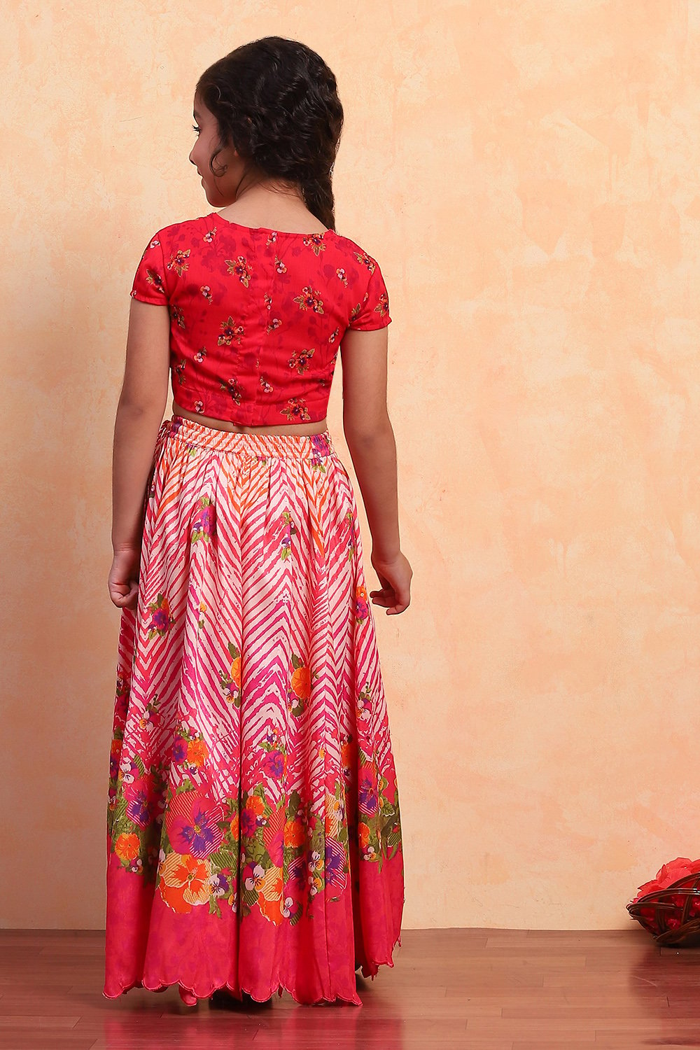 Coral Polyester Blend Short Straight Lehenga Set image number 4