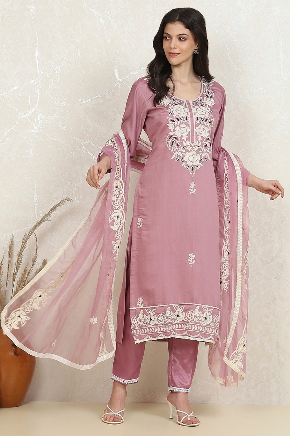 Lilac Cotton Blend Machine Embroidered Unstitched Suit Set image number 1