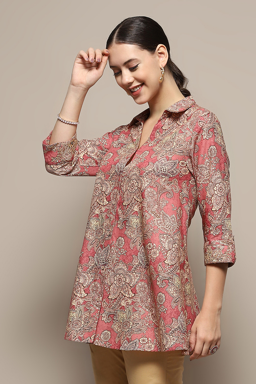 Rust Cotton Floral Printed A-Line Shirt Style Kurti image number 3