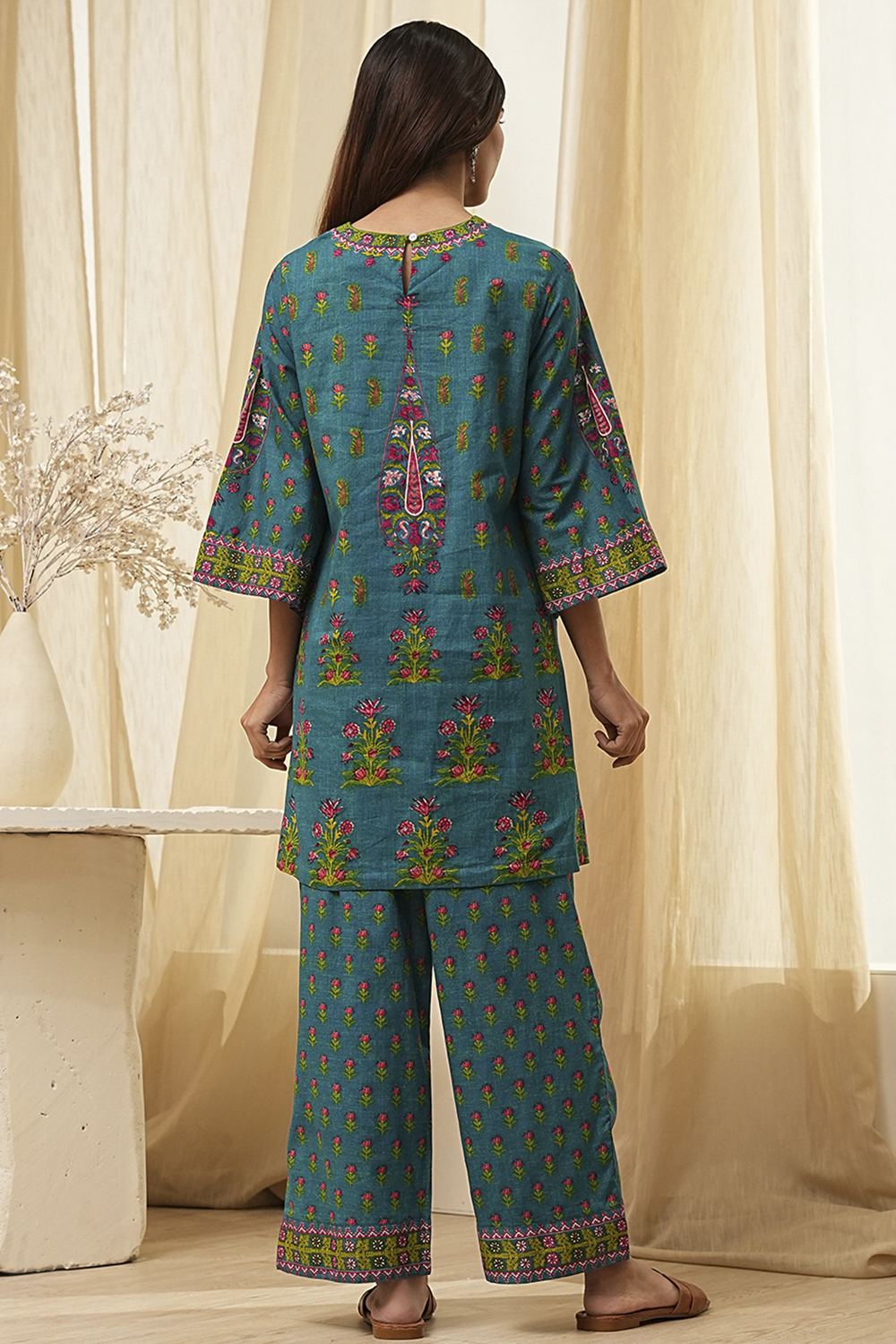 Teal Cotton Straight Suit Set image number 4