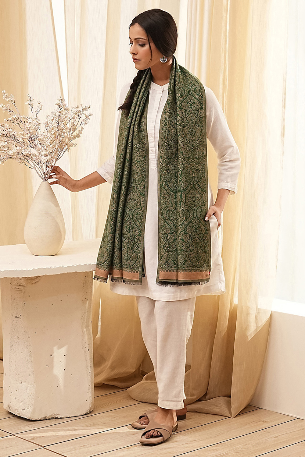 Green Cotton Blend Dupatta image number 0