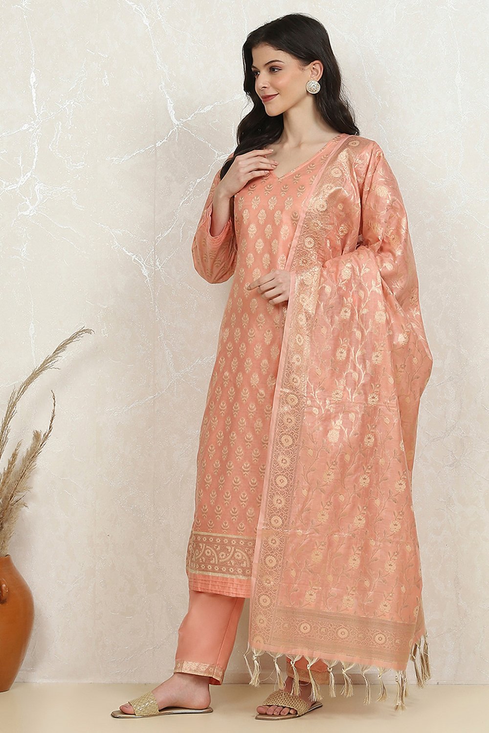 Peach Art Silk Woven Unstitched Suit Set image number 4