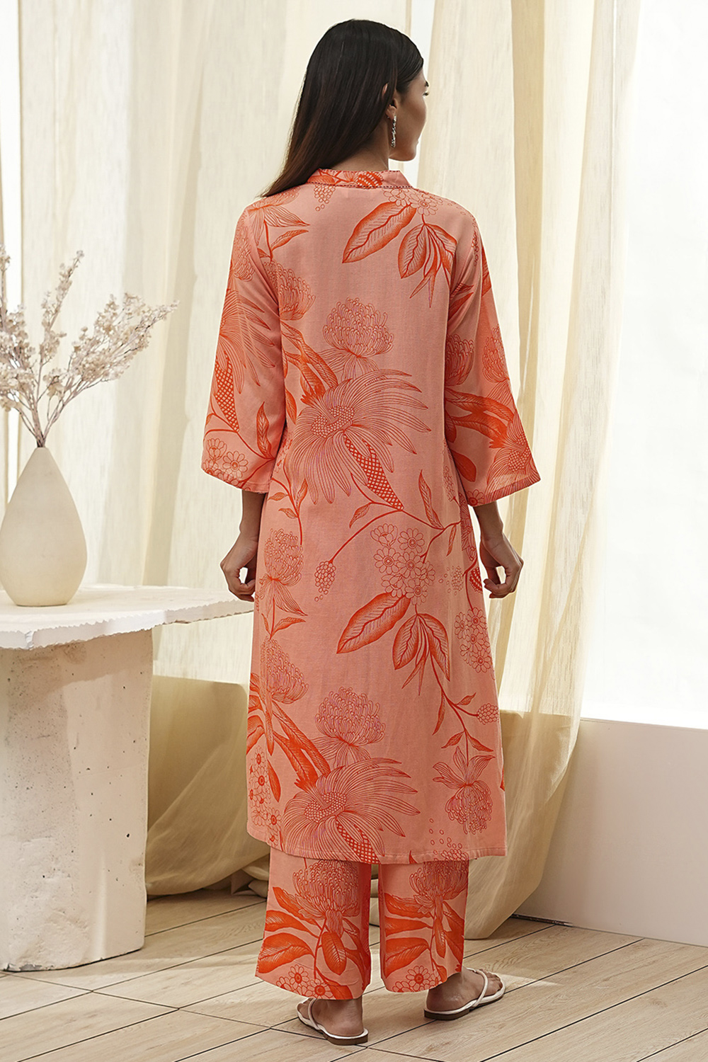 Peach Viscose Rayon Straight Suit Set image number 4