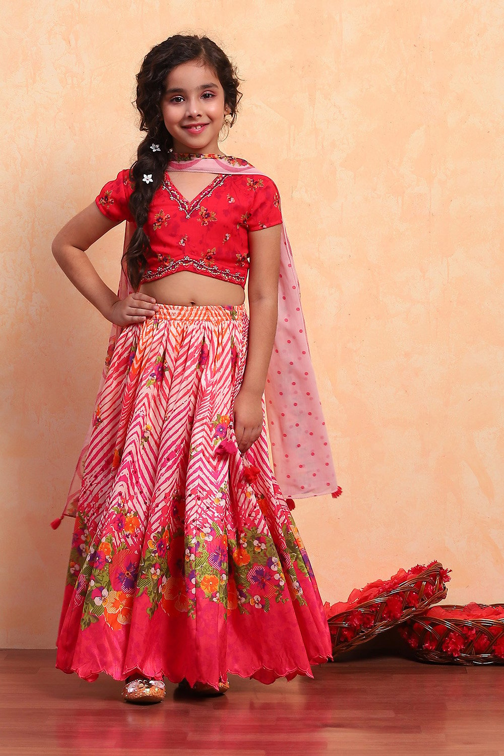 Coral Polyester Blend Short Straight Lehenga Set image number 6