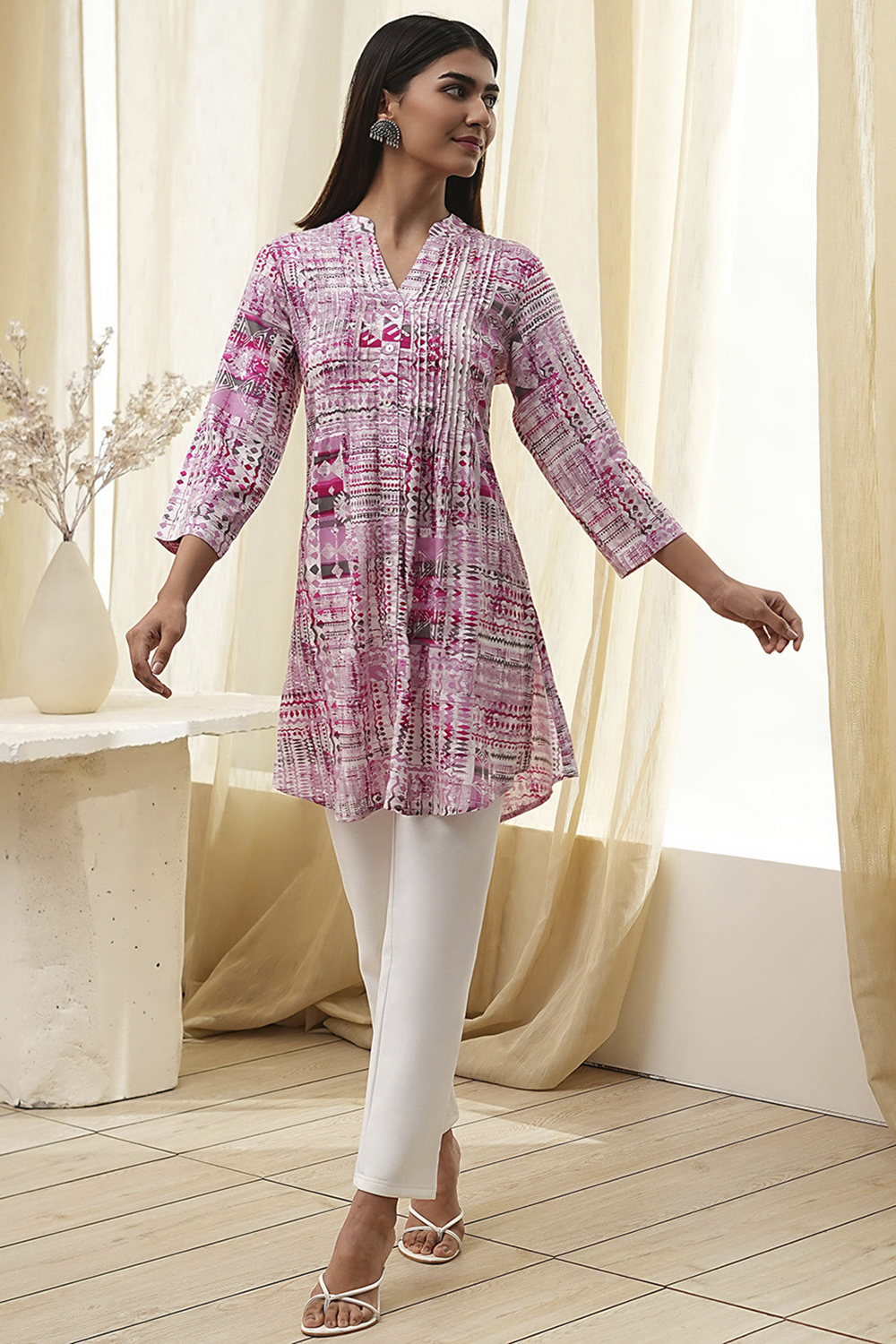 Pink Viscose Rayon Printed Short Kurta image number 0