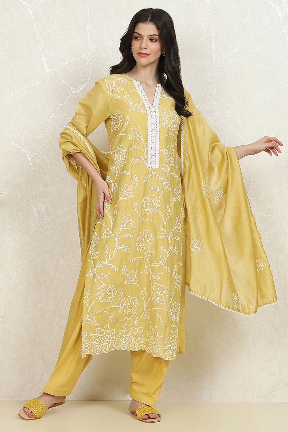 Yellow Modal Machine Embroidered Unstitched Suit Set image number 1